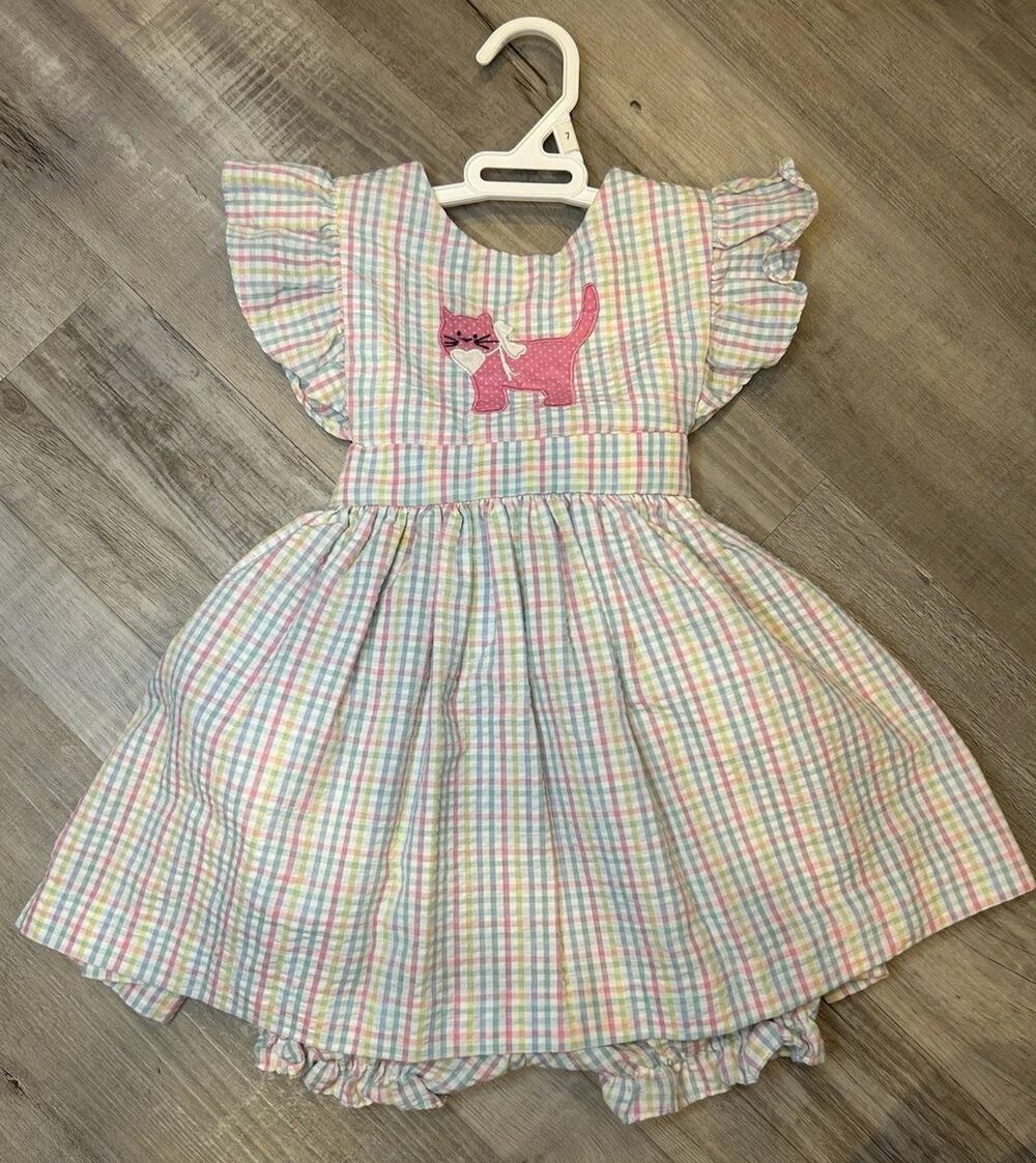 Samara Vintage Pastel Gingham Picnic Dress 3-D Cat Embroidered Size 3T